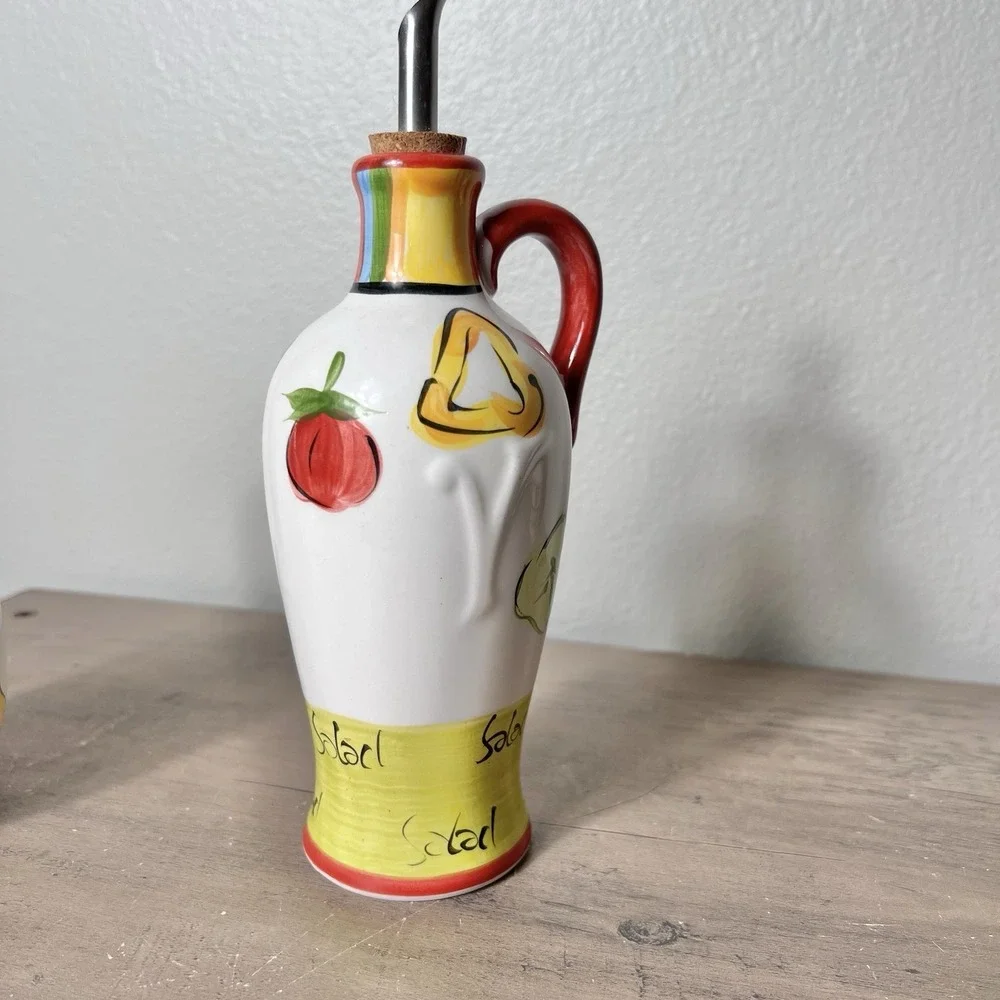 Tabletops Gallery Salad 101 Hand Painted Oil‎ Vinegar Cruet & Pepper Shaker Set